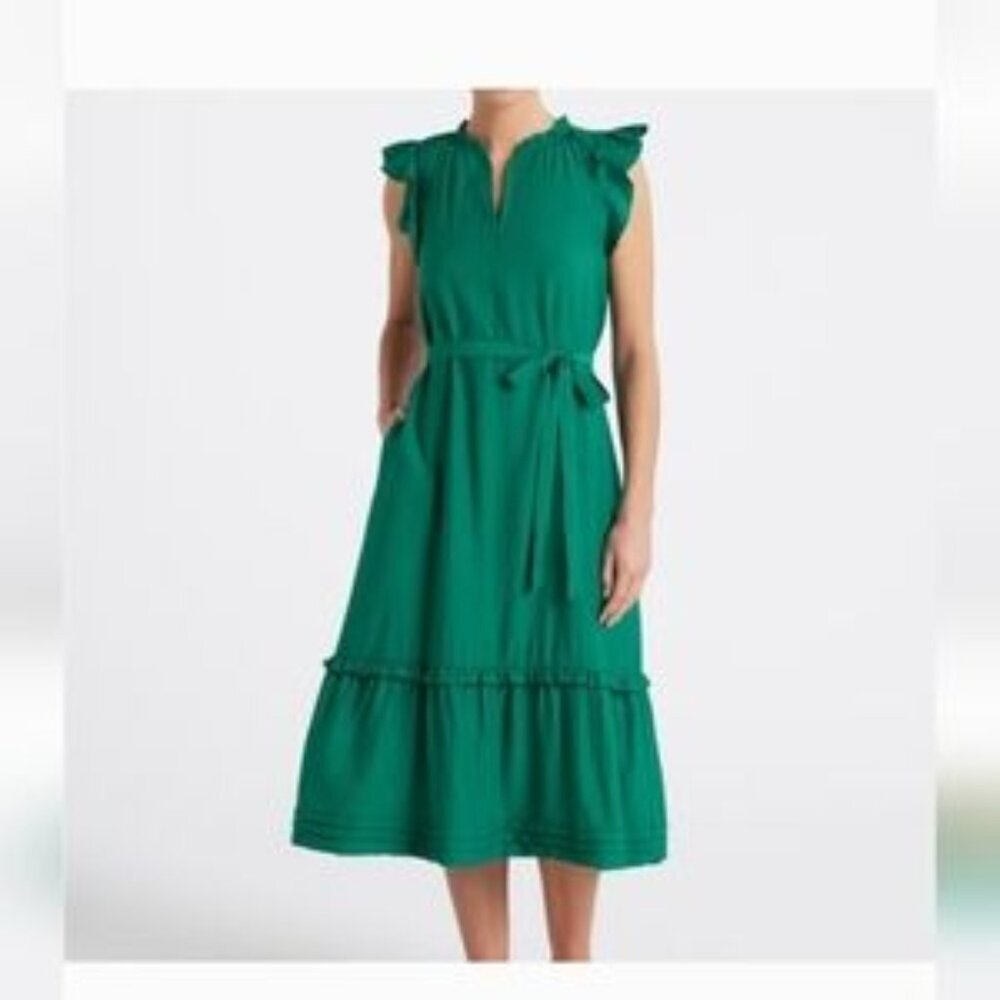 41 Hawthorne Belted Midi Dress Green Tiered Ruffle Size L